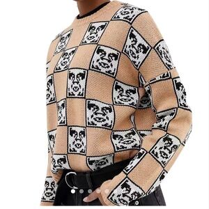 Obey x André the Giant Checkerboard Knit Sweater Tan Black Size S Oversized